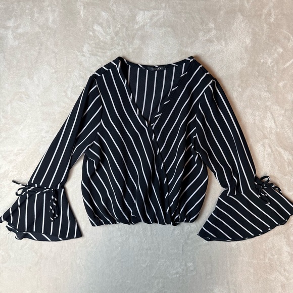 Papermoon Tops - Papermoon Black & White Striped Cropped Wrap Blouse Bell Sleeve Top Size M